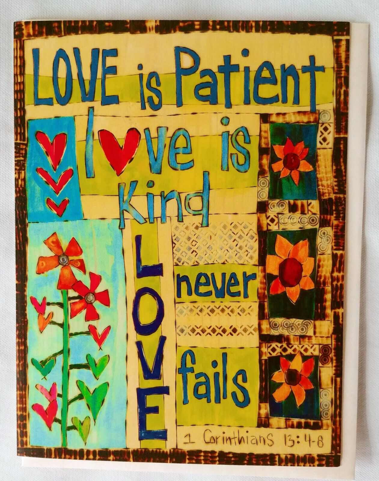 Floral card with 'Love is Patient, Love is Kind, Love never fails'