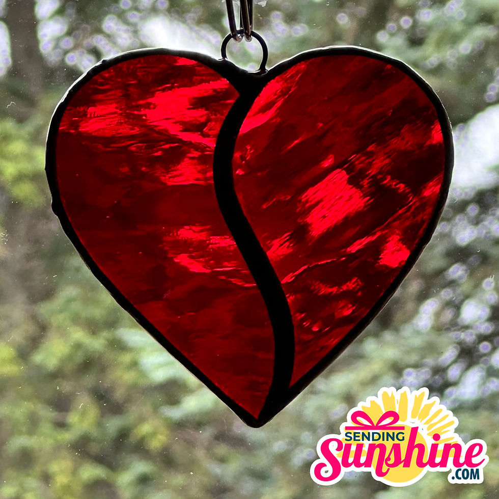 Red stained glass heart, cracked, Sunshine Crafts logo
