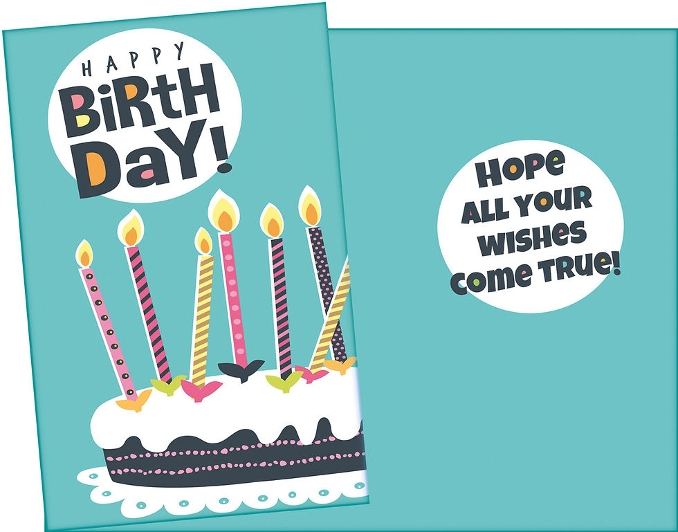 Birthday card with cake and candles; "Happy Birthday!" and "Hope all your wishes come true"
