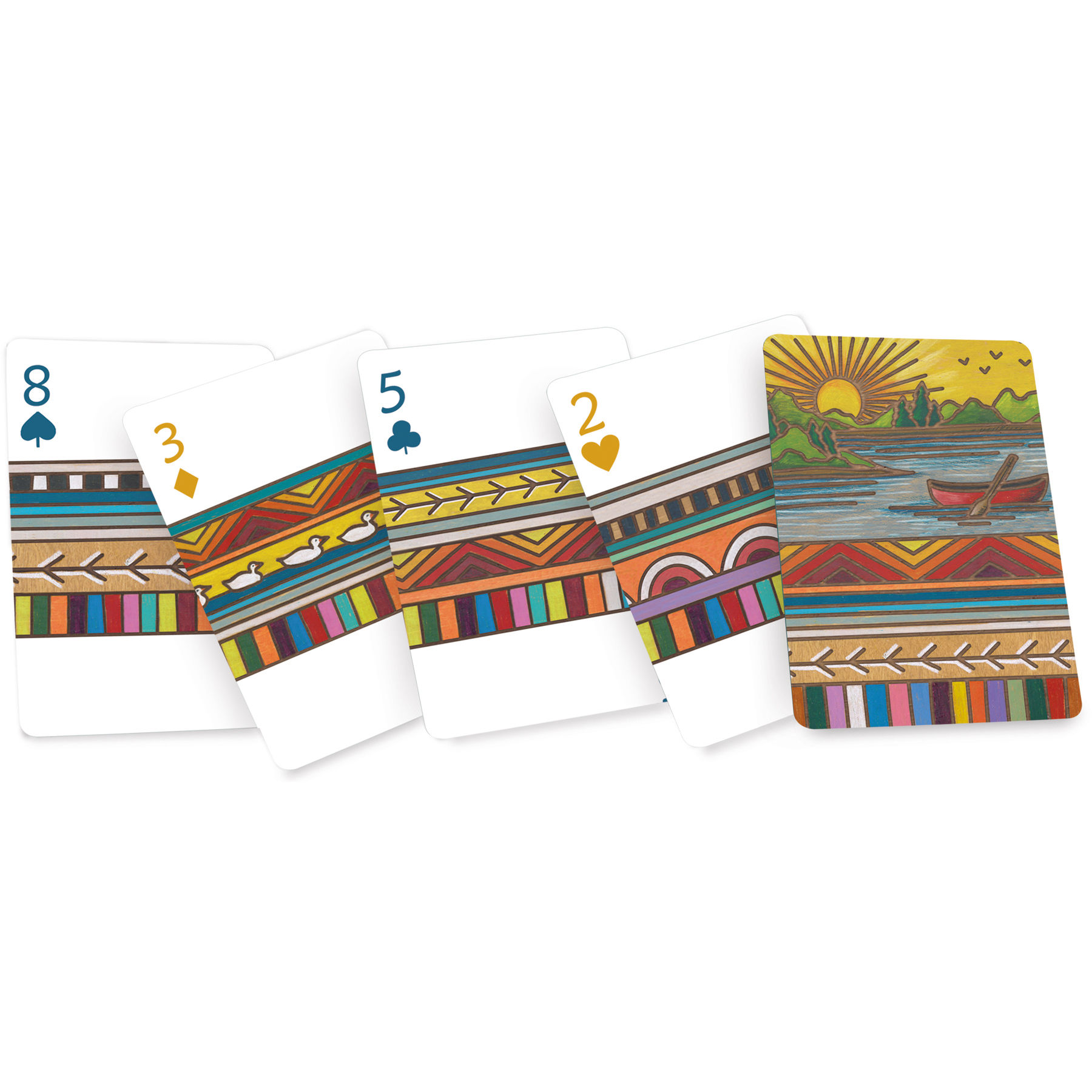 Five playing cards with colorful designs