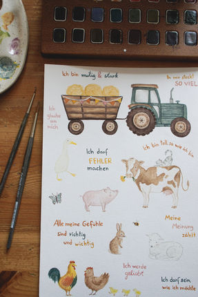 Das Bild zeigt ein Aquarellbild mit Bauernhofmotiven wie ein Trecker, eine Kuh, ein Schwein, ein Schaf, ein Haase und ein Hahn mit Hühnern. Drum herum sind Affirmationssprüche geschrieben.