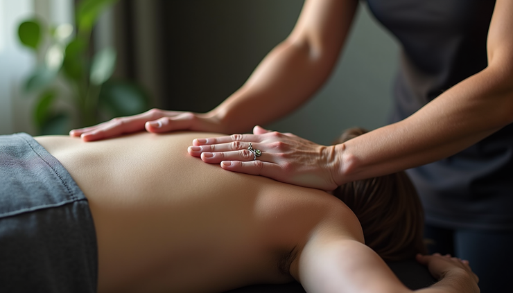 Seitliche Ansicht eines Sportlers bei einer Sportmassage zur Regeneration der Rückenmuskulatur