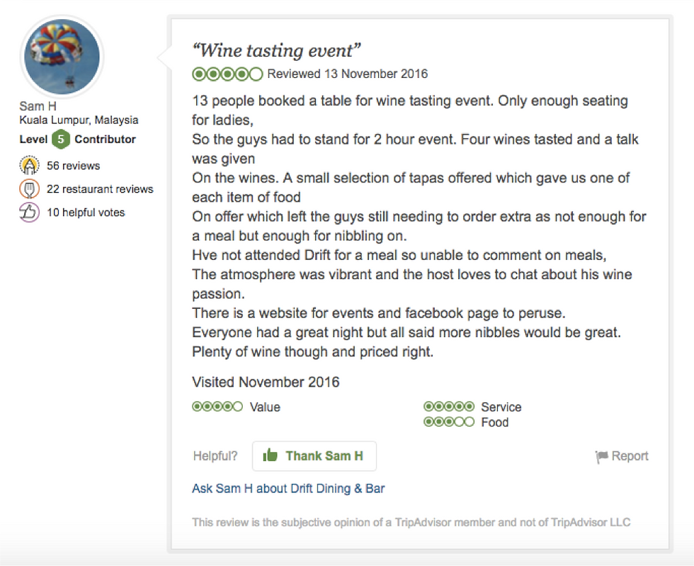 Tripadvisor review wine event