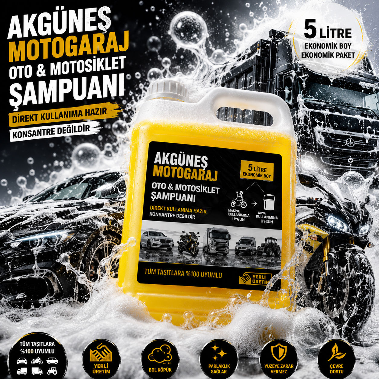 5 Litre Oto ve Motosiklet Şampuanı | Direkt Kullanıma Hazır | Makine ve Kova Kul