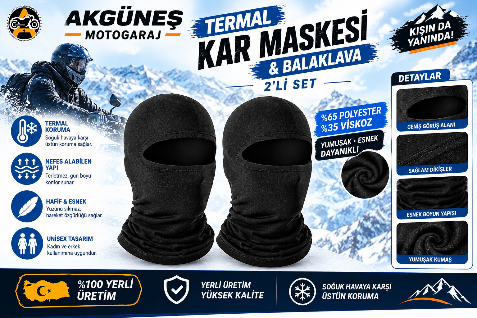 Termal Kar Maskesi Balaklava 2'li Set – Motosiklet Kışlık Soğuk Hava Koruyucu