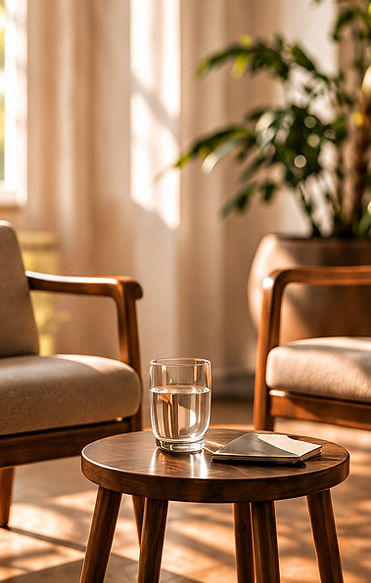 Zwei beige Sessel mit einem Holztisch, Wasserglas und Notizbuch im warmen Tageslicht.