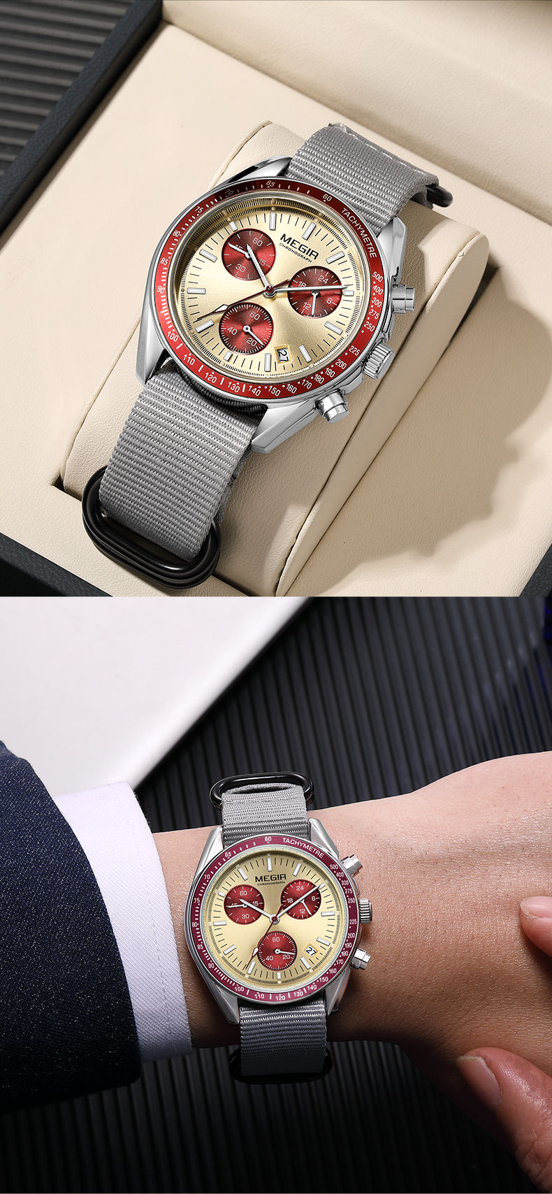 Miniatura: MEGIR Triple-eye Quartz Watch for Men's Nylon Braided Strap Waterproof Luminous 