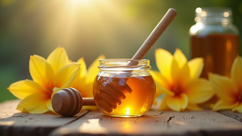 Eye-level view of a small jar of honey and a wooden honey dipper