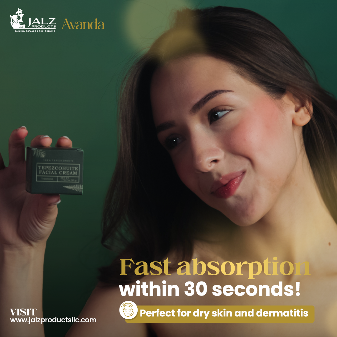 Woman applying Avanda Tepezcohuite cream to her face representing botanical skincare and natural healing benefits.