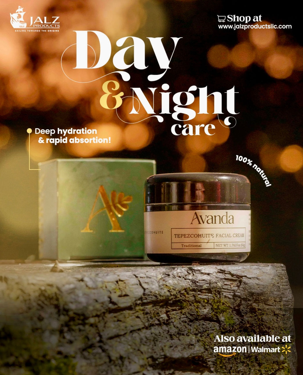 Collage of Avanda Tepezcohuite cream and packaging promoting rejuvenating skincare