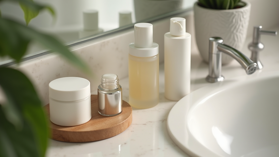 High angle view of natural skincare routine items on bathroom counter