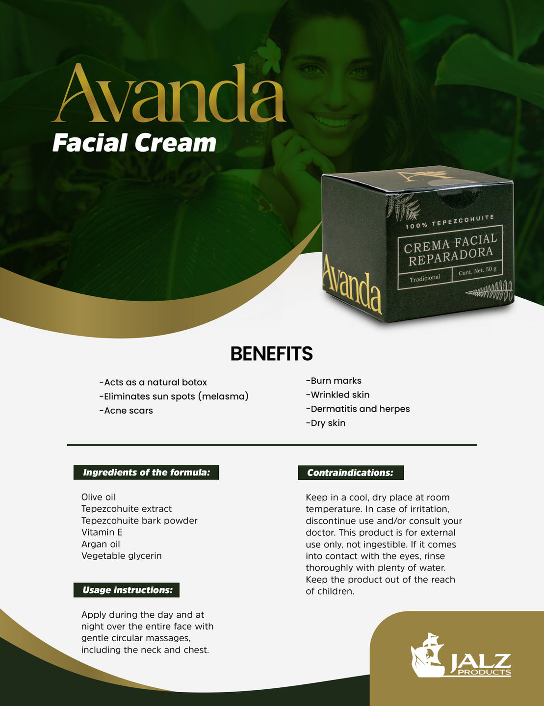 Avanda Tepezcohuite facial cream benefits card highlighting uses such as acne scars, dry skin and burns.