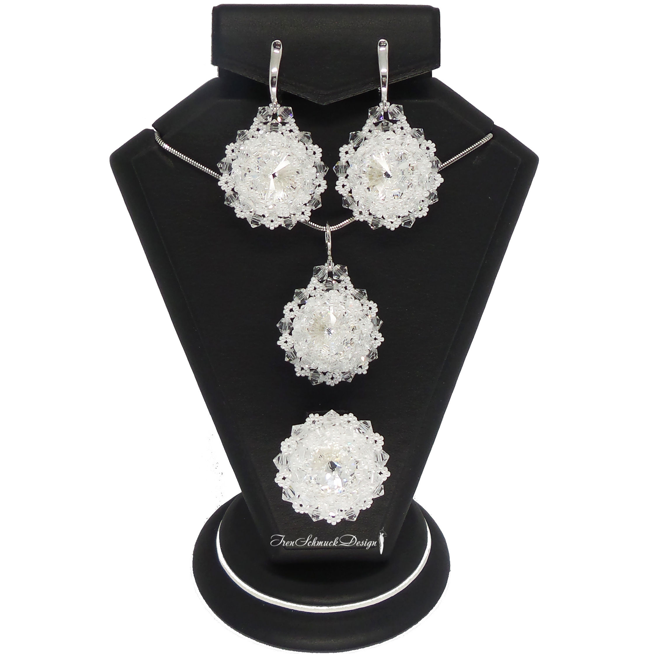 075-Set3 (Ohrringe+Anhänger+Ring)-RhodiumSilber-Swarovski (001/Crystal/weiss)