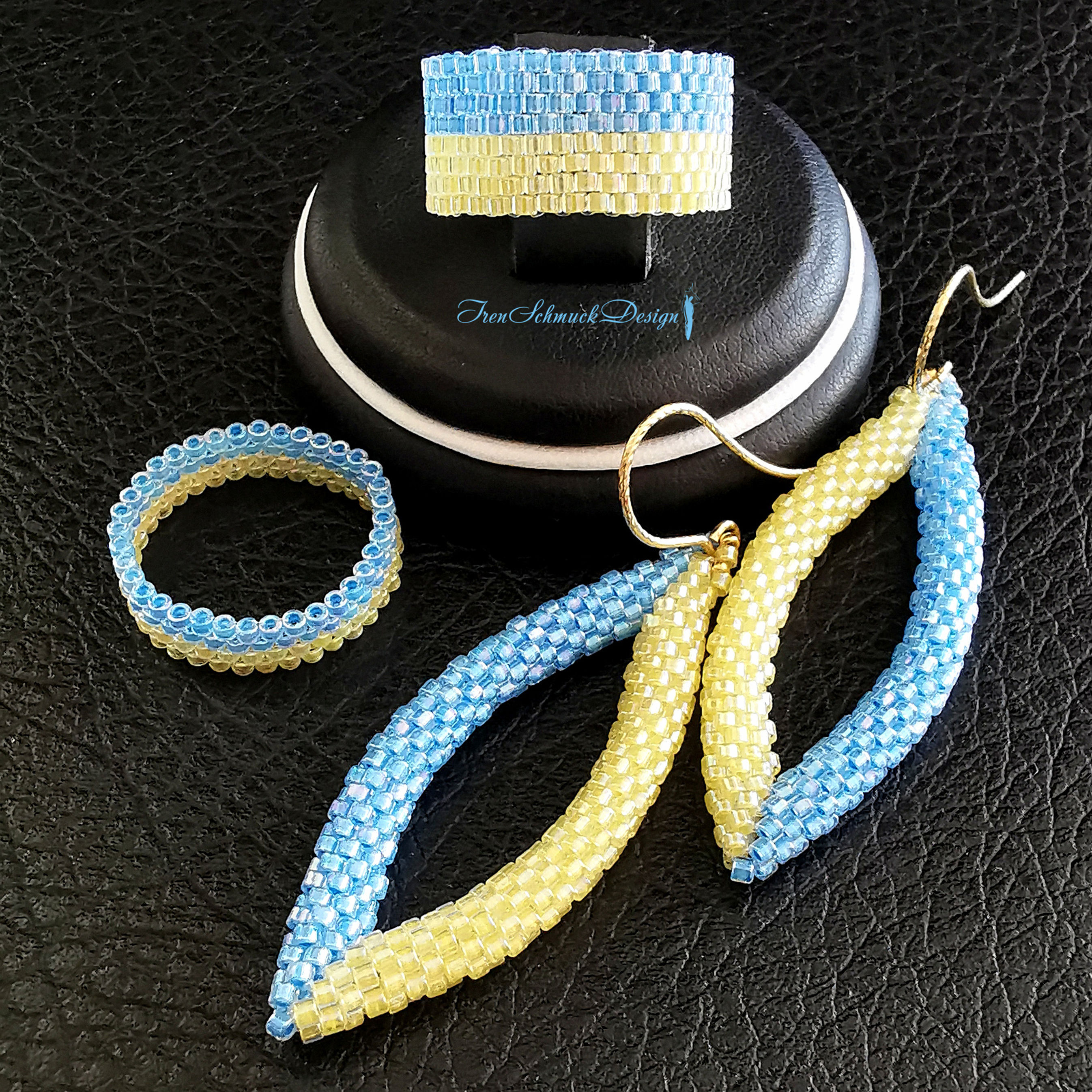 056-Set3 (Ohrringe+Ring/G+K)-Gl.Perlen (0076/MediumBlue/0053/SoftYellow)