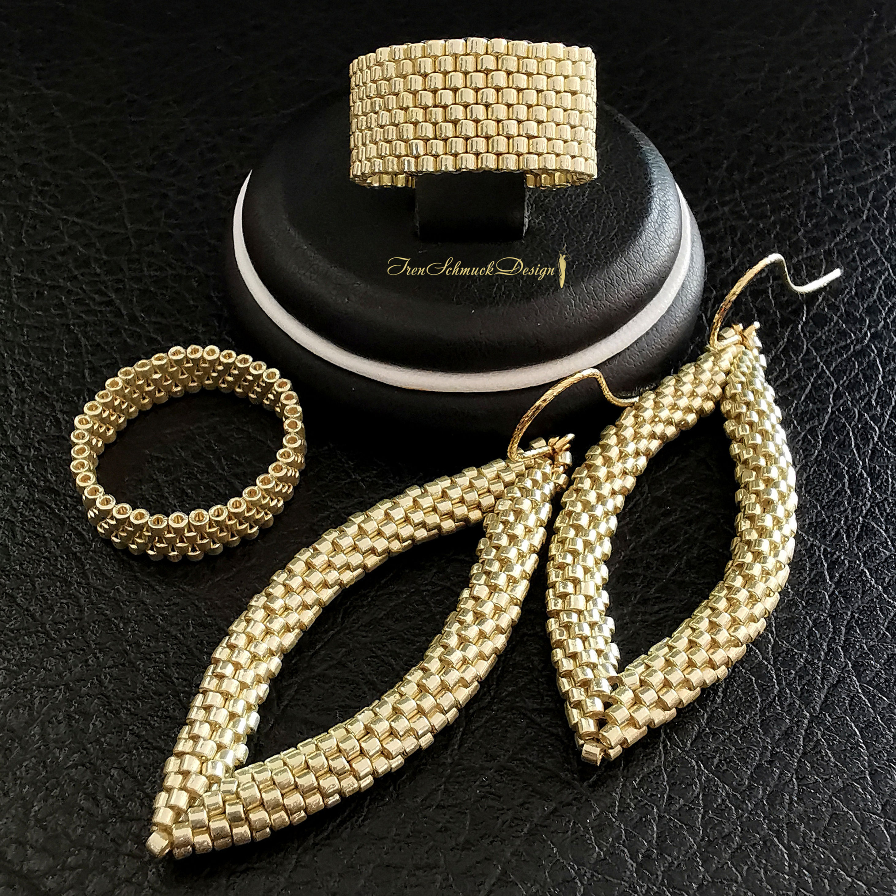 056-Set3 (Ohrringe+Ring/G+K)-Silber/Gold-Gl.Perlen (2502/GalvanizedYellow)