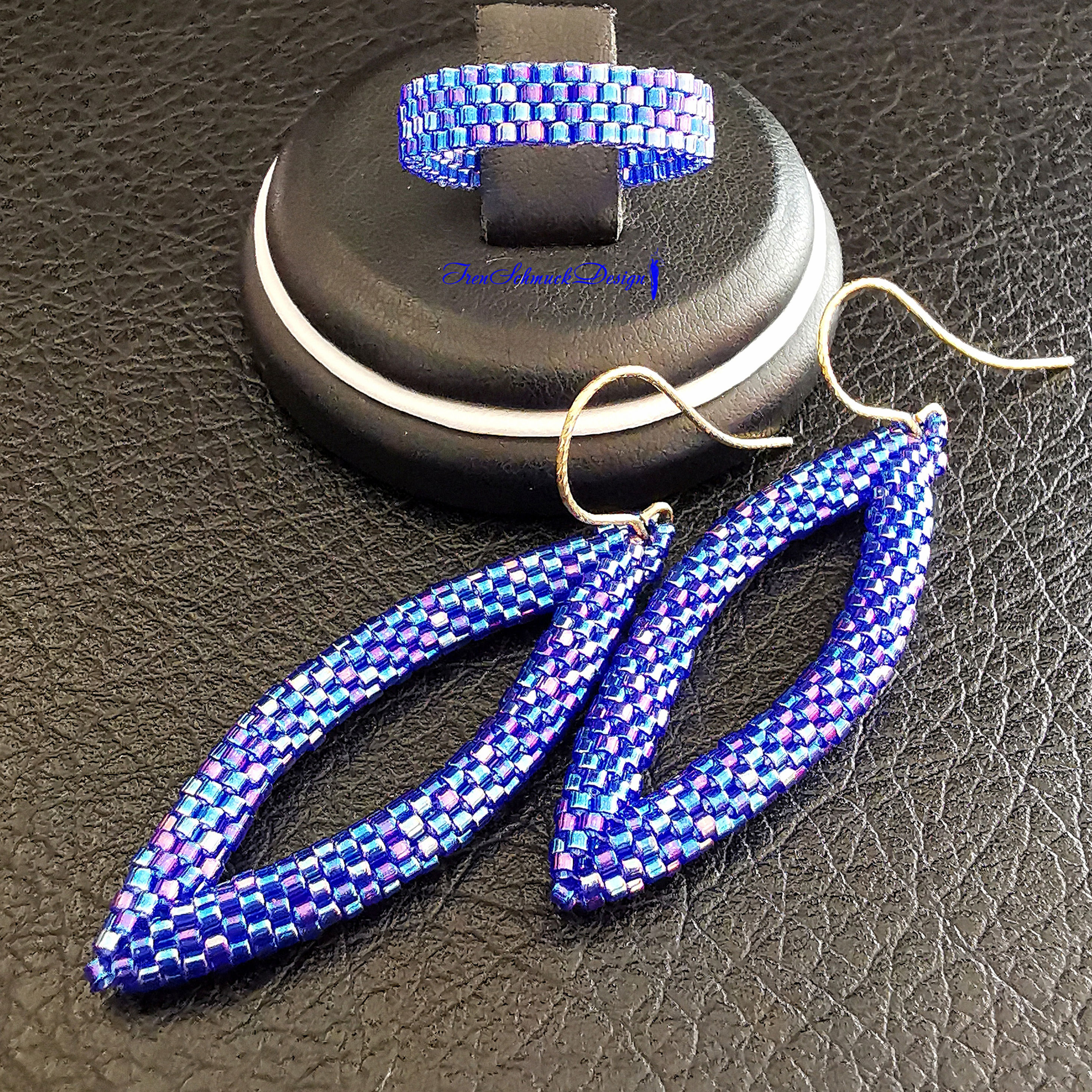 056-Set2 (Ohrringe+Ring/K)-Silber/Gold-Gl.Perlen (0178/transparent SapphireAB)