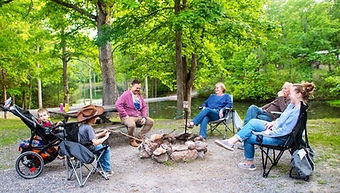 Scenic RV campground nestled in the Shenandoah mountains with spacious sites, surrounded by lush greenery and tall trees.