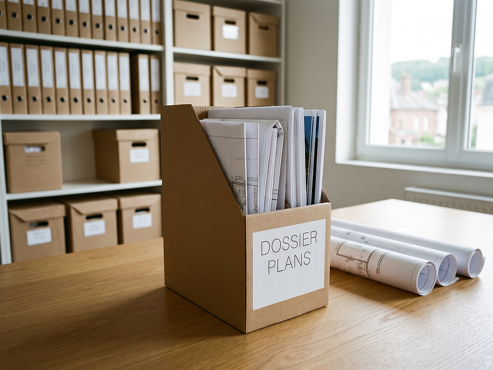 Pochettes cartonnées de plans pliés et tirages grand format rangés dans un bureau de géomètre à Bolbec
