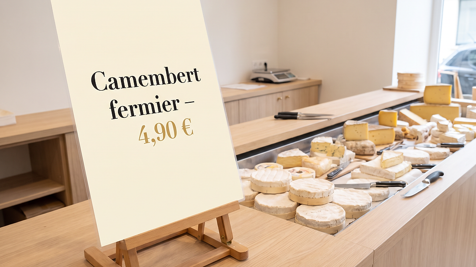 Affiche A3 pelliculée sur chevalet au comptoir d'une fromagerie à Yvetot, impression Peppergraphik