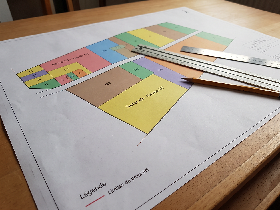 Gros plan sur un plan cadastral couleur A1 avec parcelles numérotées, sur le bureau d'un géomètre à Étretat