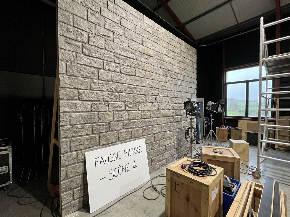 Faux mur de pierre de taille imprimé sur panneaux Dibond pour décor de studio audiovisuel près de Rouen
