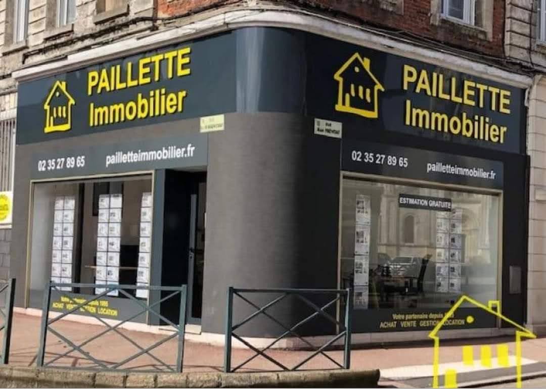 Enseigne habillage facade agence Paillette Immobilier Le Havre signaletique professionnelle Peppergraphik