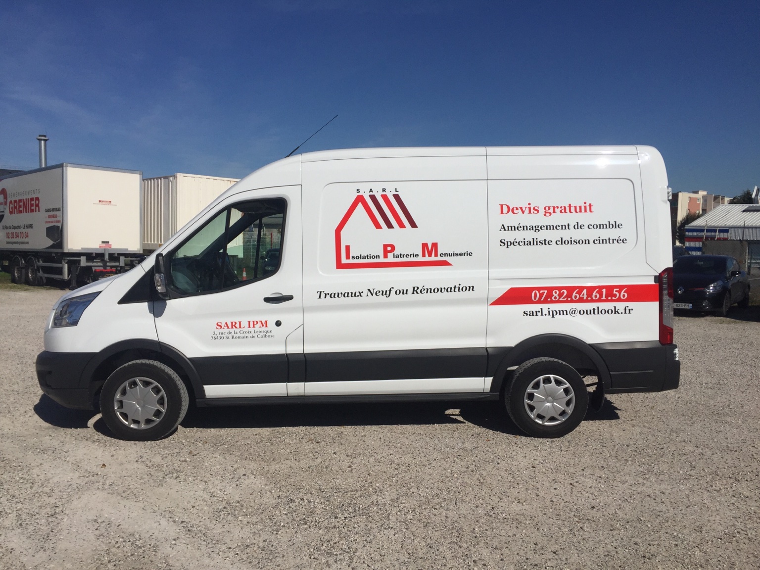 Marquage vehicule utilitaire Ford Transit SARL IPM isolation platrerie menuiserie Le Havre Peppergraphik