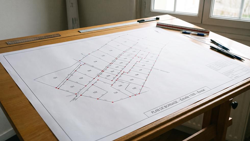 Tirage grand format de plan de bornage et plan cadastral posé sur la table d'un cabinet de géomètre-expert à Étretat près du Havre