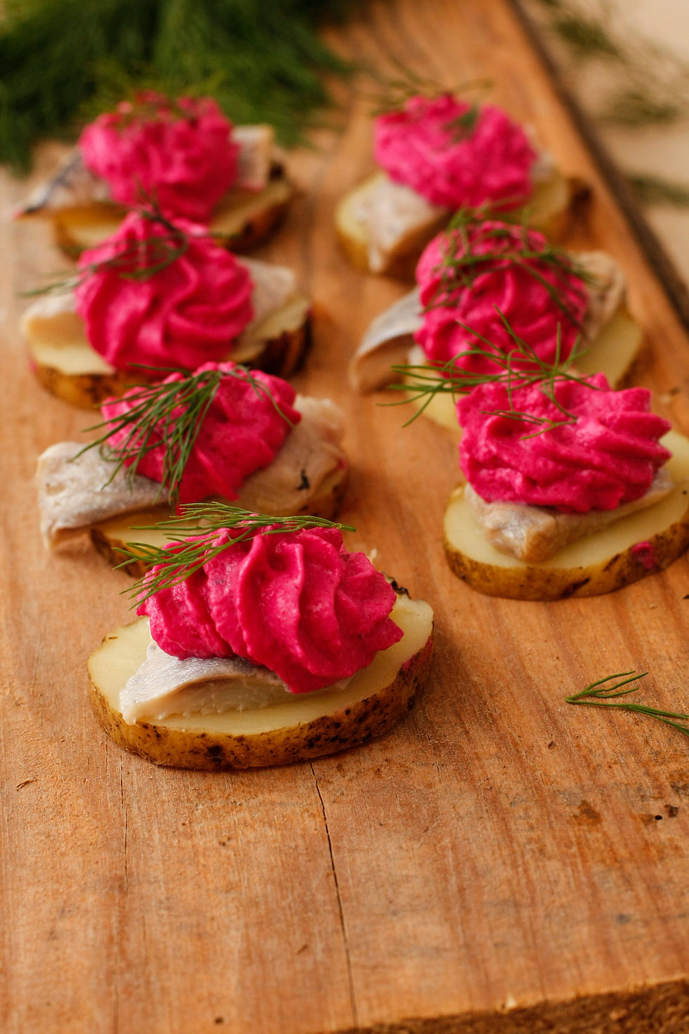 Grilled potato slices with sour cream mouse, pickled herring and beetroot slices