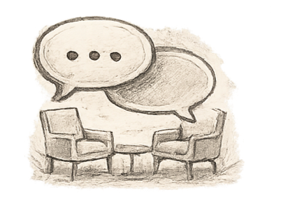 Pencil-style icon of two chairs with speech bubbles above the, reprsenting open conversation, reflection ans a safe space to talk.
