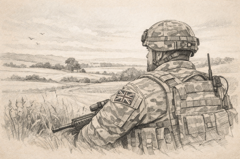 Pencil-style illustration of a British soldier looking over open countryside, reflecting discipline, resilience and the lived experience behind men’s coaching and support.
