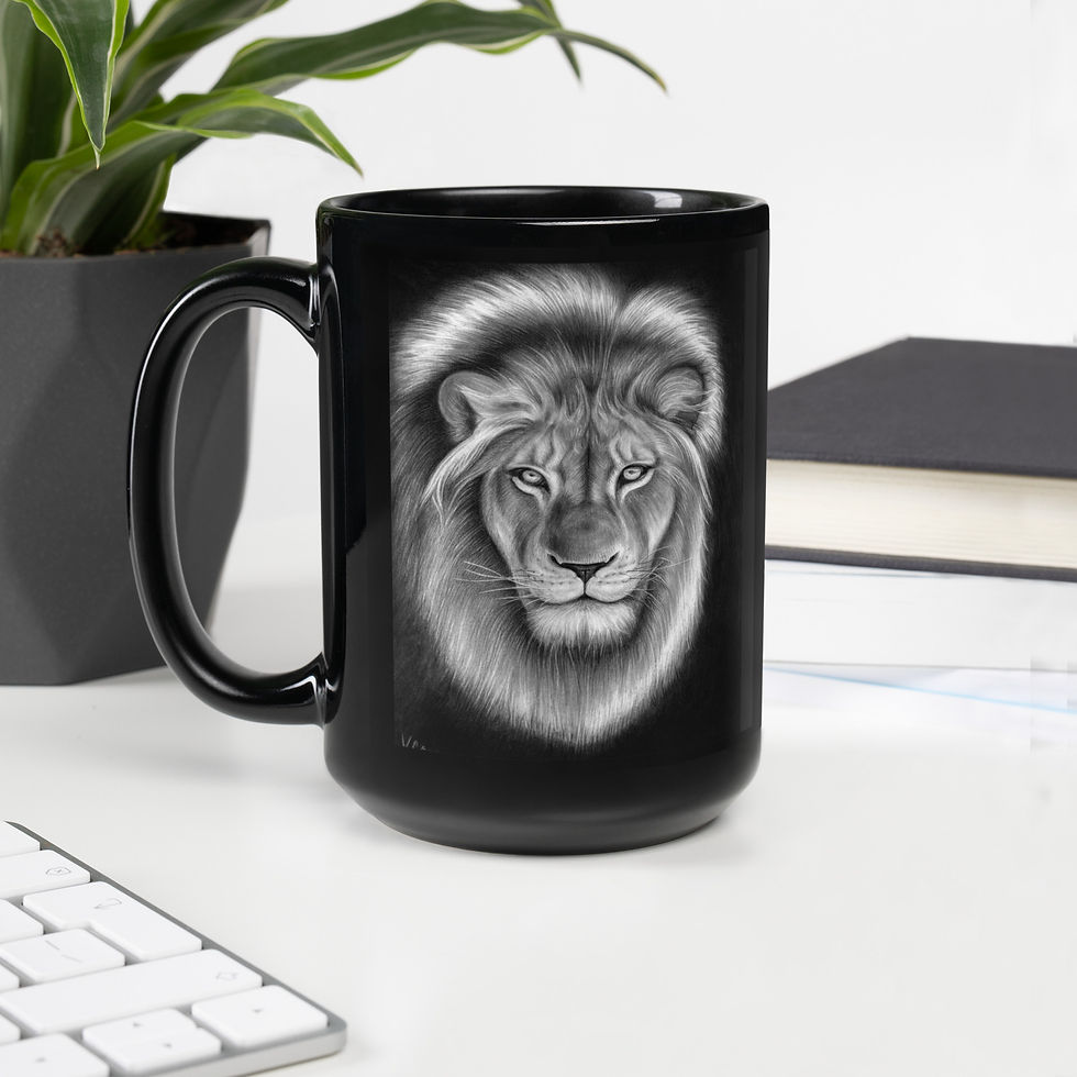 Lion of Judah pencil drawing black glossy coffee mug