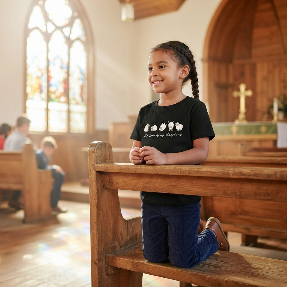 Μικρογραφία: Kids’ short sleeve T-shirt featuring Psalm 23 artwork in a natural lifestyle setting.