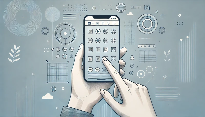 Uma ilustração moderna em estilo minimalista, mostrando uma mão segurando um smartphone com uma interface de design, como wireframes de aplicativos sendo exibidos. O fundo tem tons suaves de azul e branco, com ícones flutuando que representam o design mobile, como botões, ícones de menu, e símbolos de tipografia, dando uma sensação de tecnologia e inovação.