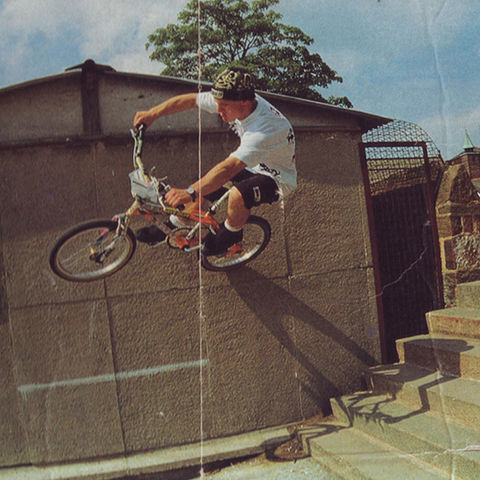15. Dave Slade BMX wall ride wearing Skate Baby Knitted hat, Jim Jam shorts.