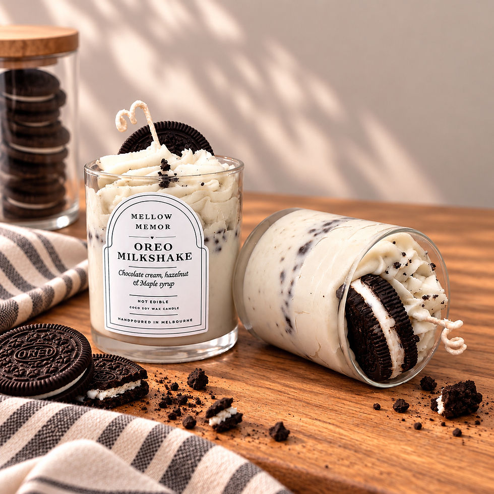 Mellow Memor cookies and cream milkshake dessert candle whipped with cookie crumbs and a cookie topper, coconut soy wax