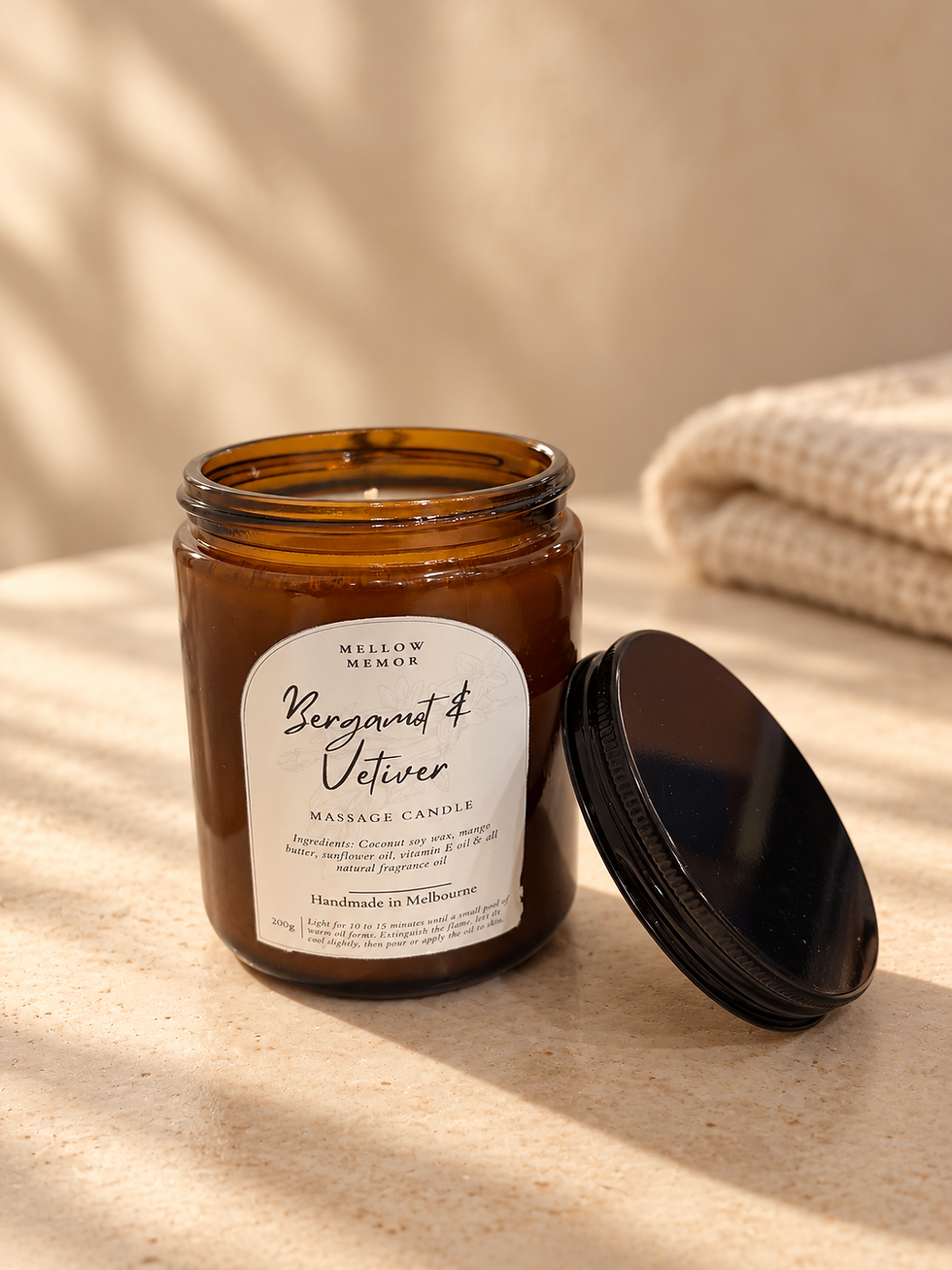 Mellow Memor Bergamot & Vetiver Massage Candle in a 200g jar, natural coconut soy wax