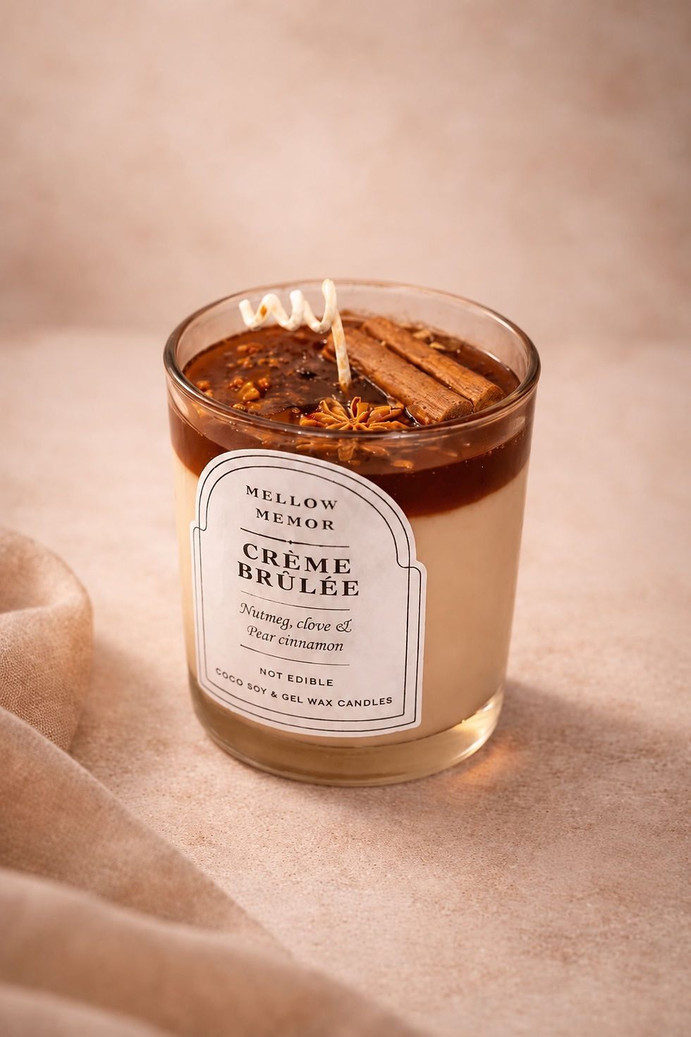 Crème Brûlée Dessert Candle with creamy whipped wax topping and warm caramel vanilla fragrance in a decorative candle jar.