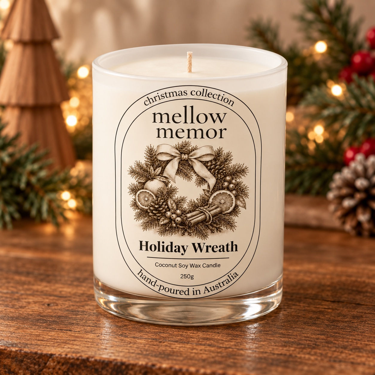 Mellow Memor Holiday Wreath Christmas candle in white glass tumbler with illustrated wreath label, 250g coconut soy wax