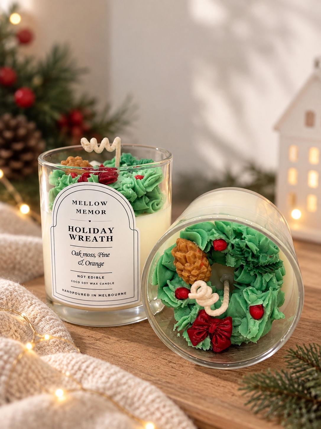 Holiday Wreath Christmas candle by Mellow Memor, coconut soy wax topped with piped green wreath, red berries, pinecone and re
