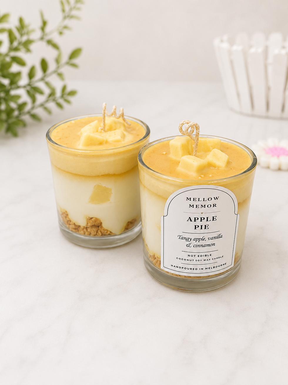 Apple Pie Dessert Candle with whipped wax topping and warm bakery-inspired fragrance in a decorative candle jar.