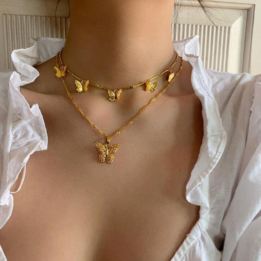Aesthetic jewelry gold layering choker necklace with butterfly pendants