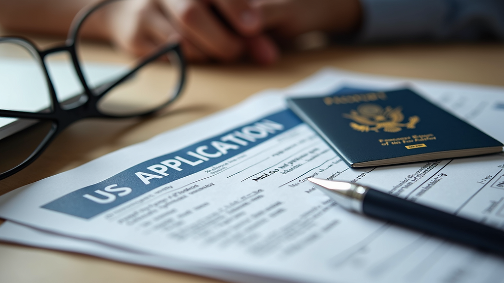 High angle view of US visa application documents and passport on a table
