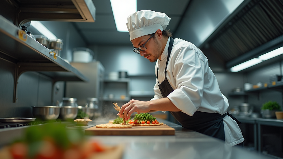 Eye-level view of a chef preparing food in a professional kitchen
