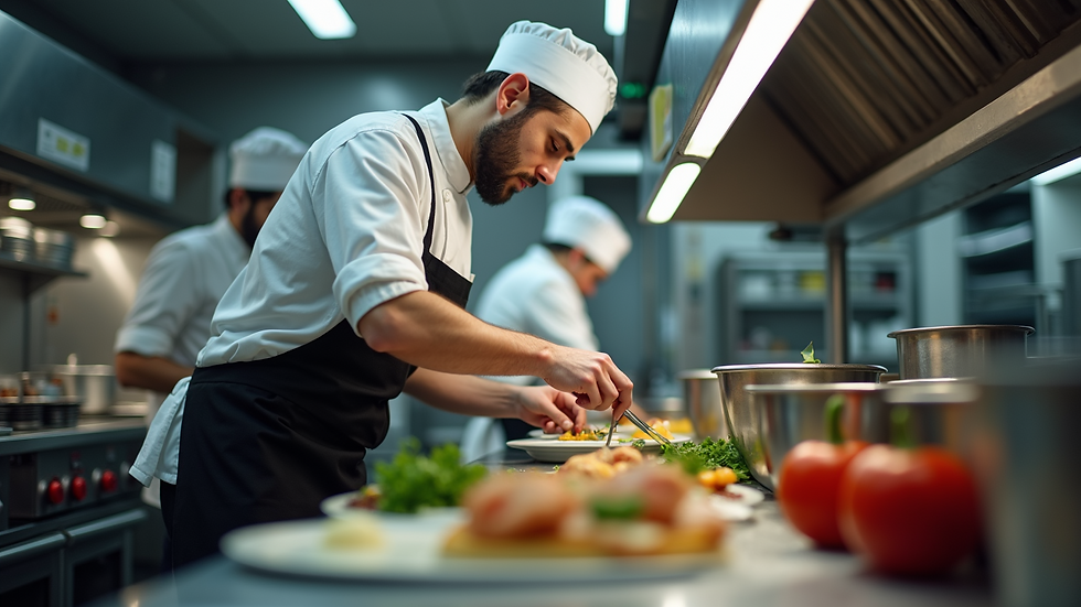 Eye-level view of a chef preparing food in a professional kitchen
