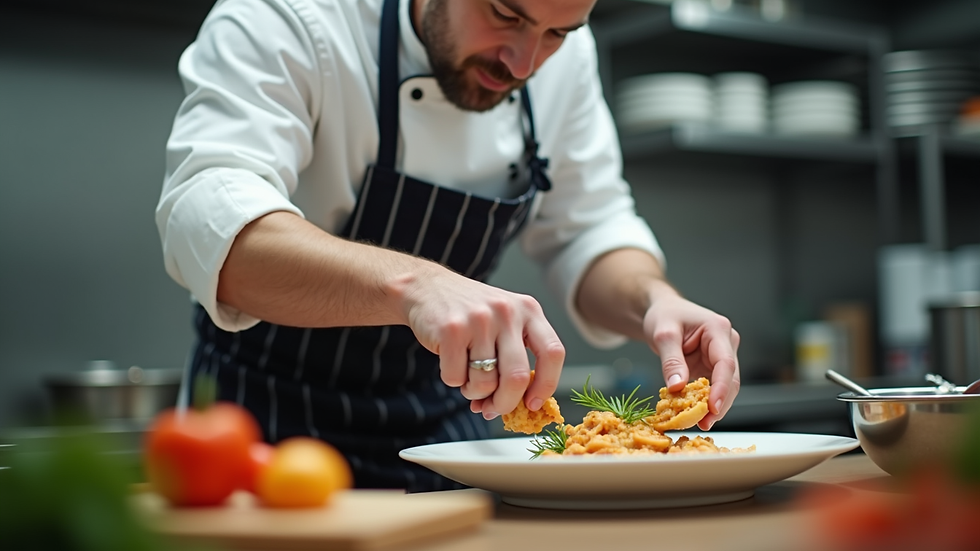 Close-up view of a chef preparing food in a professional kitchen
