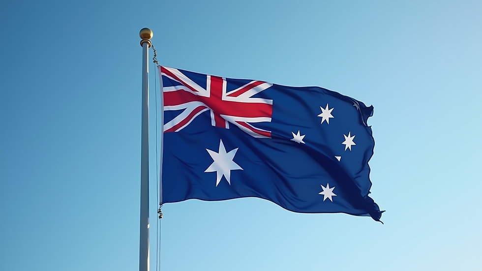 Close-up view of Australian flag waving against a clear blue sky