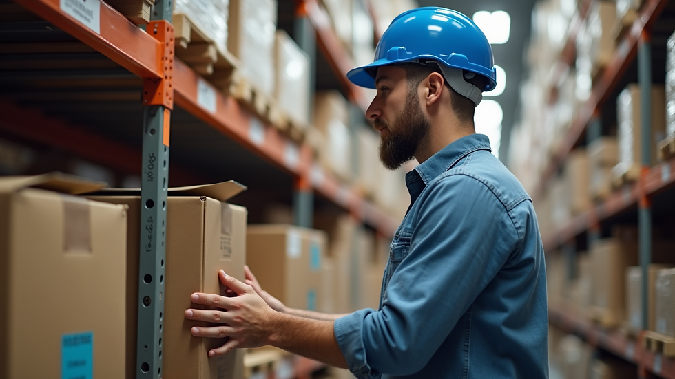 Close-up view of a warehouse worker organizing packages on shelves