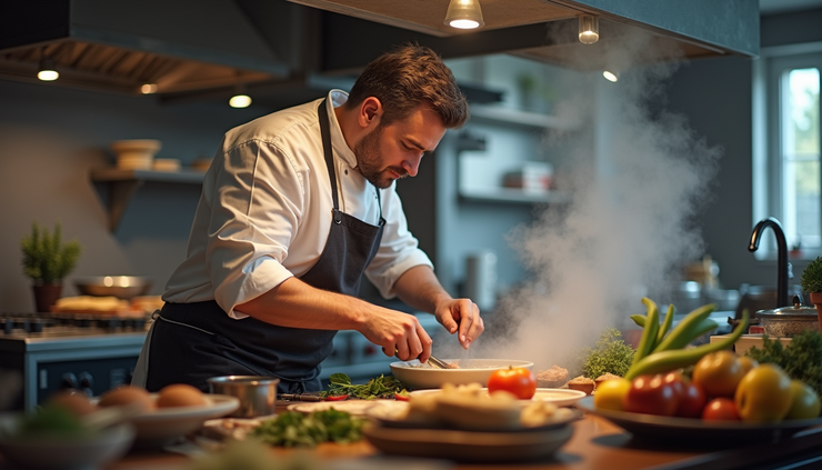 Eye-level view of a chef preparing food in a professional kitchen