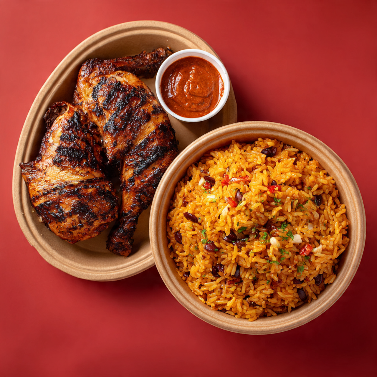 Savory Nigerian Jollof Rice is a favourite dish for many across the globe. This iconic meal features long-grain parboiled rice simmered in a rich tomato-based sauce infused with onions, bell peppers, garlic, ginger, and a blend of special spices to give it its unique taste. It's served with grilled chicken. 
No Wahala Portion is delivered in a 1080cc (38oz) Kraft food bowl with lid.